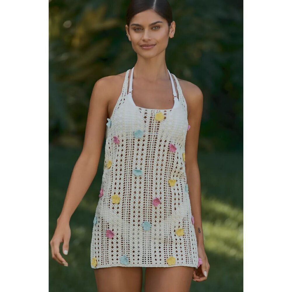 PQ SWIM Zoie Floral Appliqué Open Stitch Cover-Up Dress in Floret Size XS/S NWT